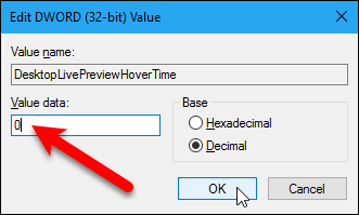 Изменение значения DesktopLivePreviewHoverTime на 0 для мгновенного Aero Peek