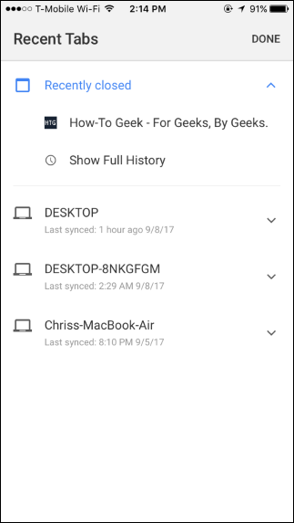 Список недавно закрытых вкладок в Chrome