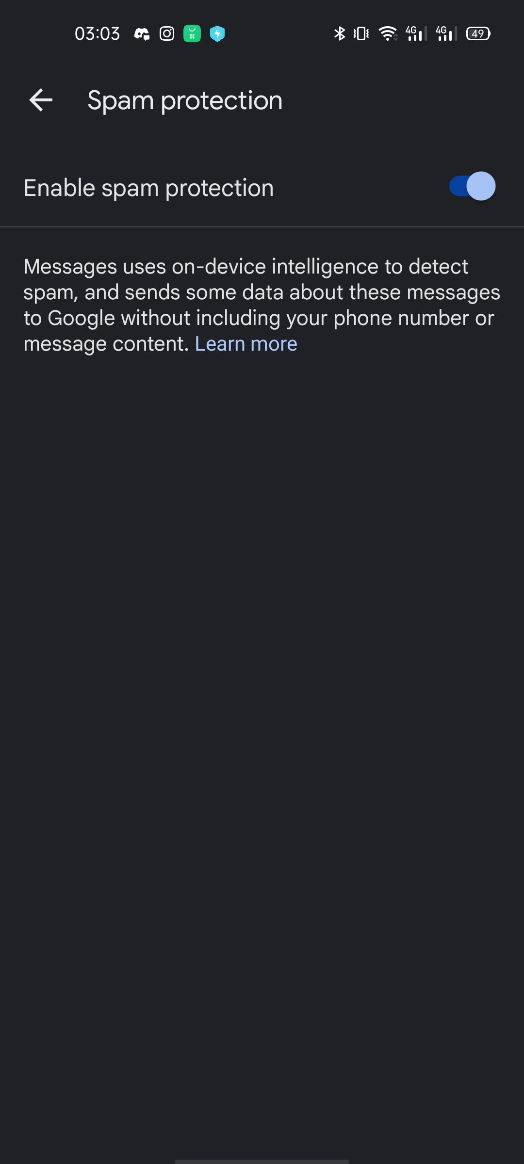 Скриншот: уведомление о защите от спама