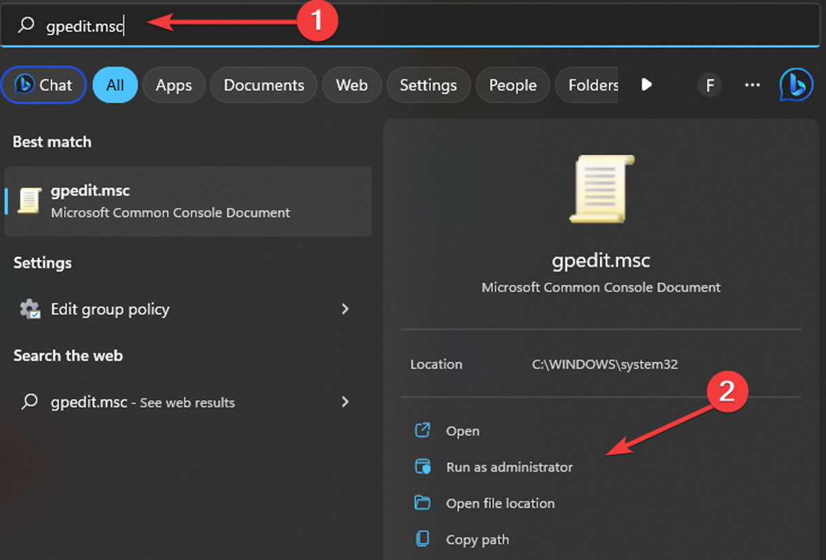 Открыть gpedit