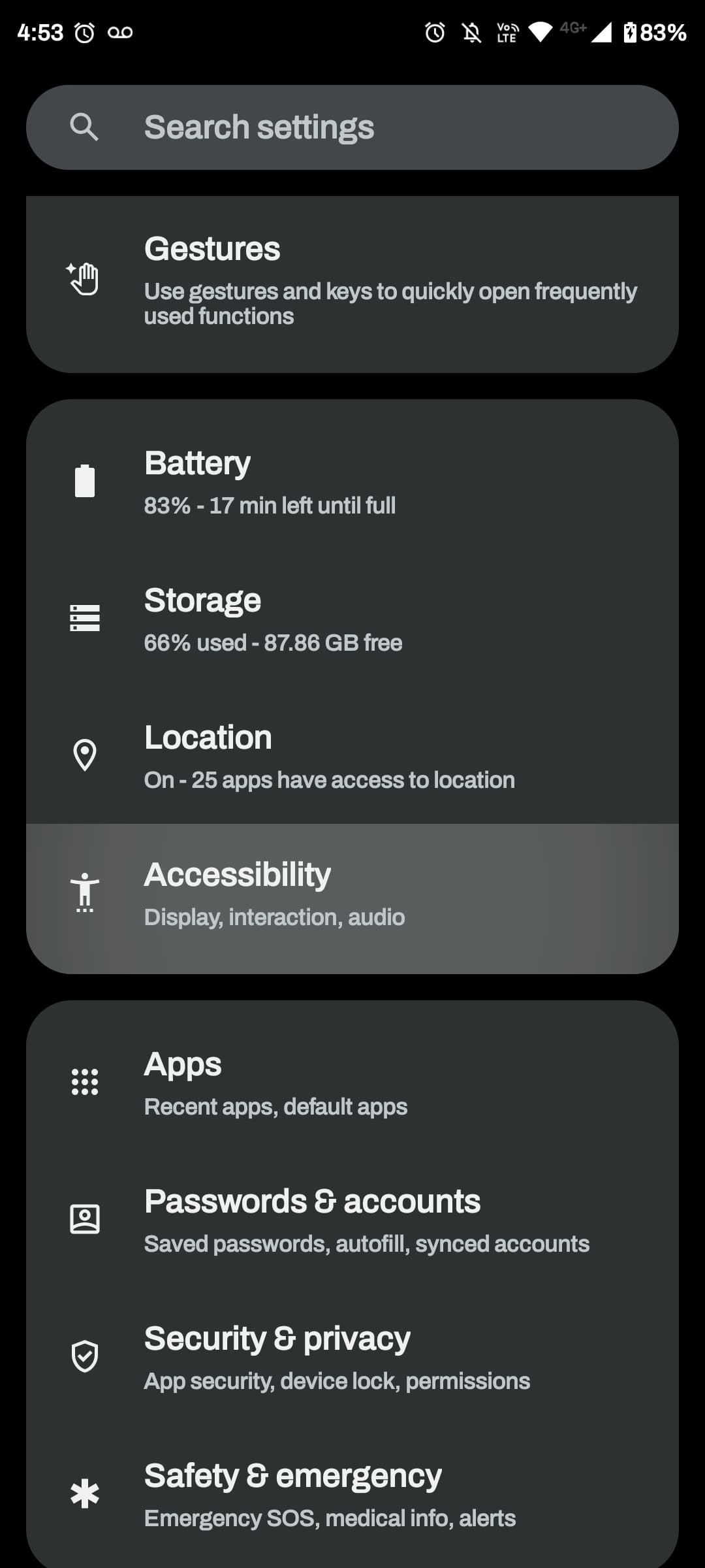 Список опций в меню настроек