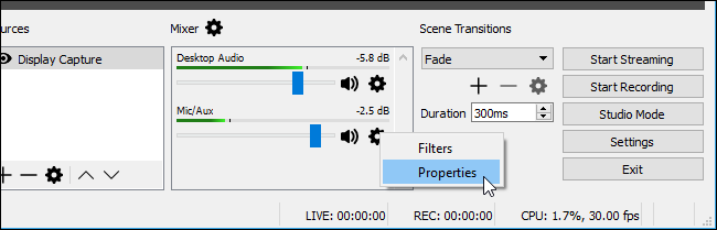 Микшер аудио в OBS с ползунками и иконками звука