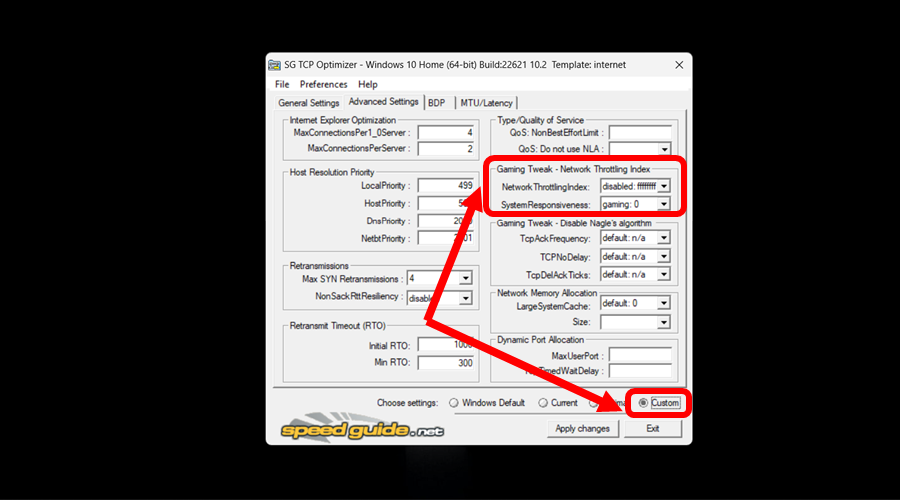 Настройки TCP Optimizer — пользовательские параметры