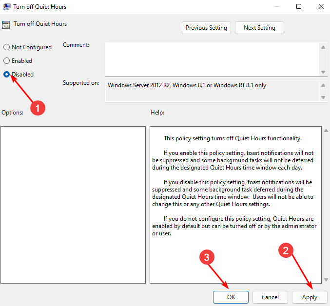 Отключение политики тихих часов