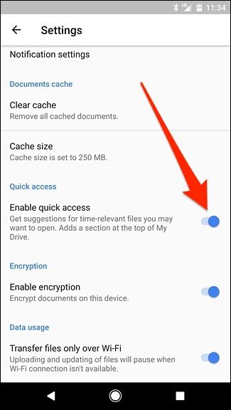 Переключатель Быстрого доступа в настройках Google Drive на Android