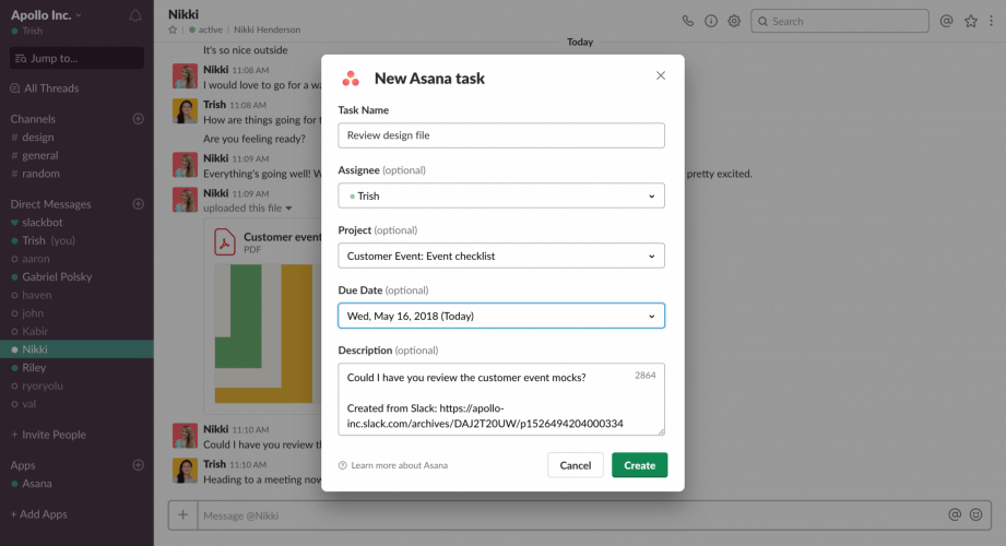 Finestra per creare una nuova attività Asana da Slack