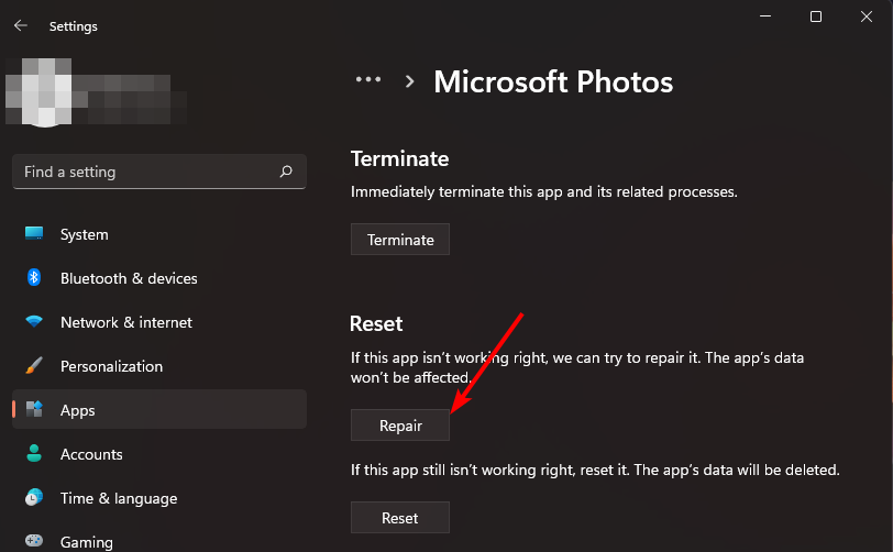 Кнопка 'Восстановить' в параметрах приложения 'Фотографии'