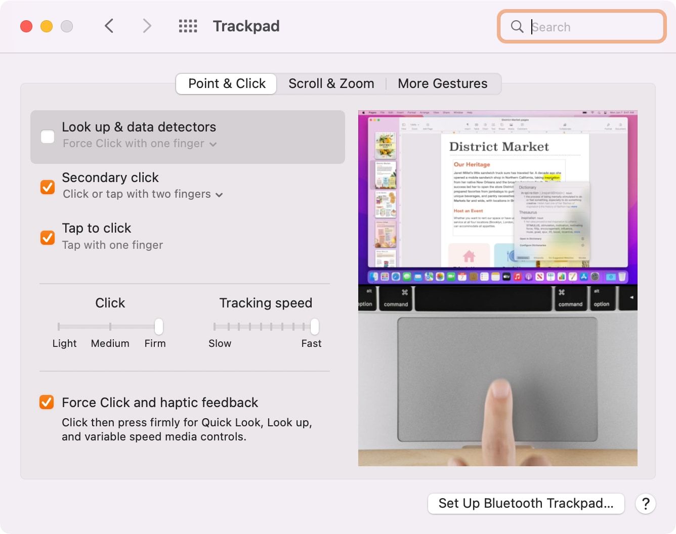 Скриншот настроек трекпада macOS Big Sur с опцией Force Touch отключённой