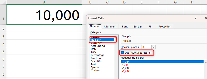 La finestra Formato celle di Excel con il formato Numero applicato e la casella separatore delle migliaia selezionata.