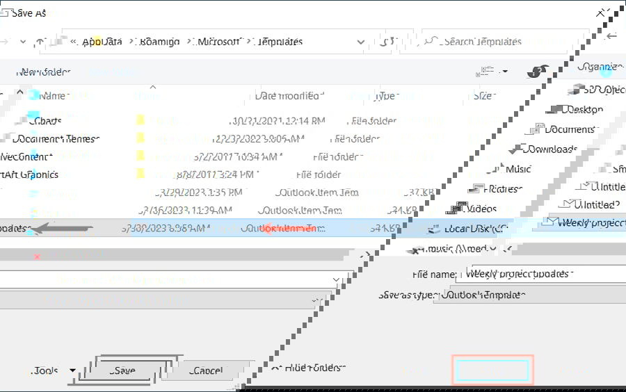 Диалог Сохранить как для отредактированного шаблона на Windows