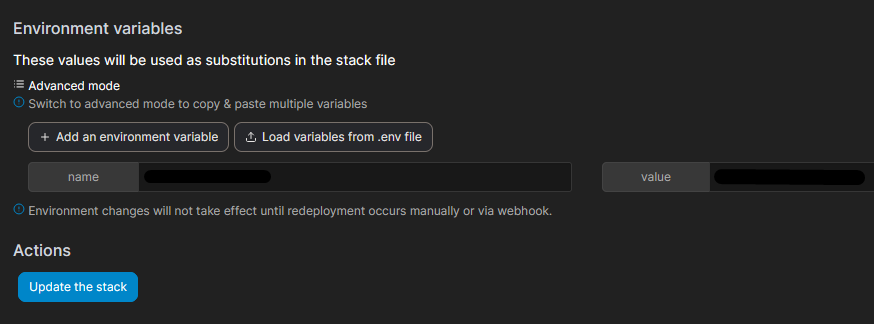 Пример панели управления Portainer с настройкой переменных среды