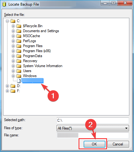 Выбор файла резервной копии для восстановления