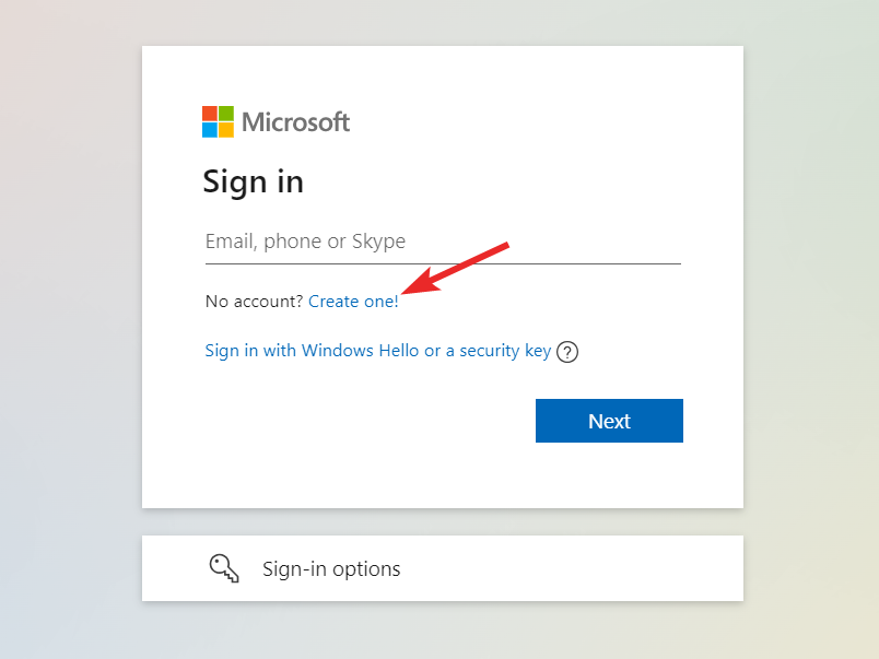 Страница регистрации OneDrive с кнопкой Create one