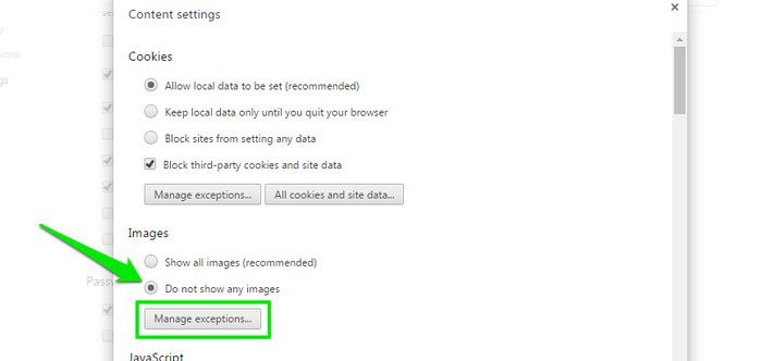 Пример выключенных изображений в Chrome и управление исключениями