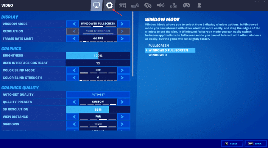 Вкладка с иконкой шестерёнки в настройках Fortnite