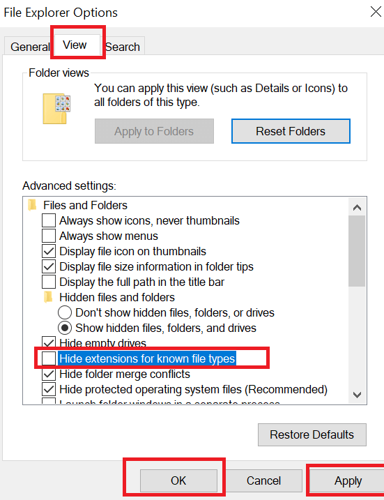 Opzioni Esplora file - scheda Visualizza con l'opzione Nascondi estensioni selezionabile