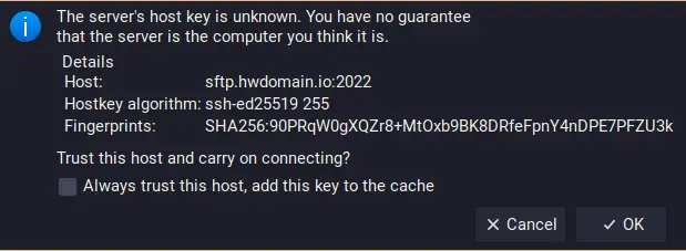 Подтверждение сертификата/ключа сервера SFTP