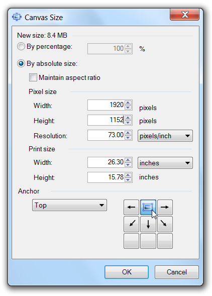 Установка якоря вверху по центру при изменении размера холста