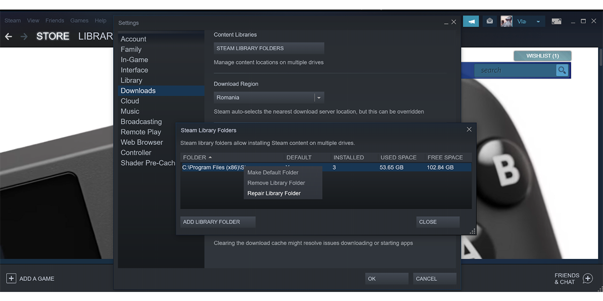 Ремонт папки библиотеки Steam