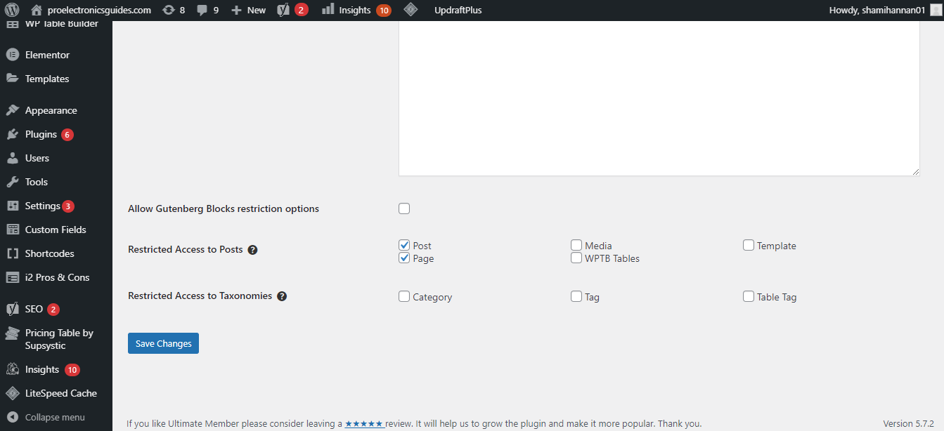 Выбор типов контента для ограничения доступа в Ultimate Member
