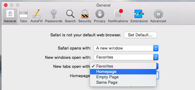 Скриншот настроек Safari на Mac с опциями открытия новых окон и вкладок