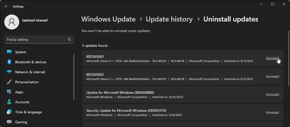 удаление обновлений Windows, окно истории обновлений