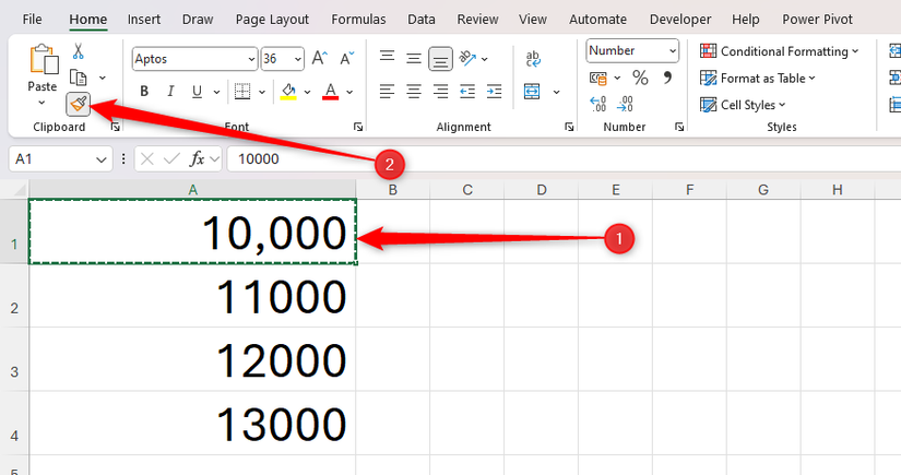 Una cella Excel contenente il numero 10.000 con separatore delle migliaia è attiva e l'icona Copia formato è selezionata.