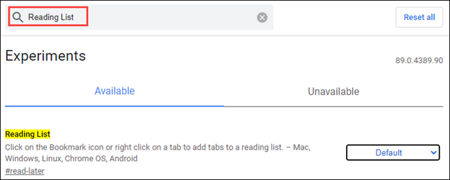 Поиск флага Reading List в chrome://flags