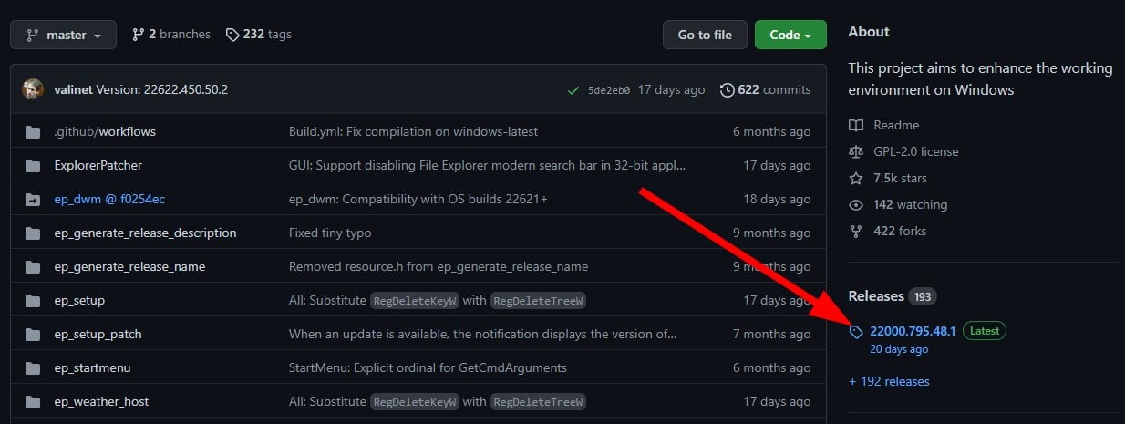 Страница релизов ExplorerPatcher на GitHub