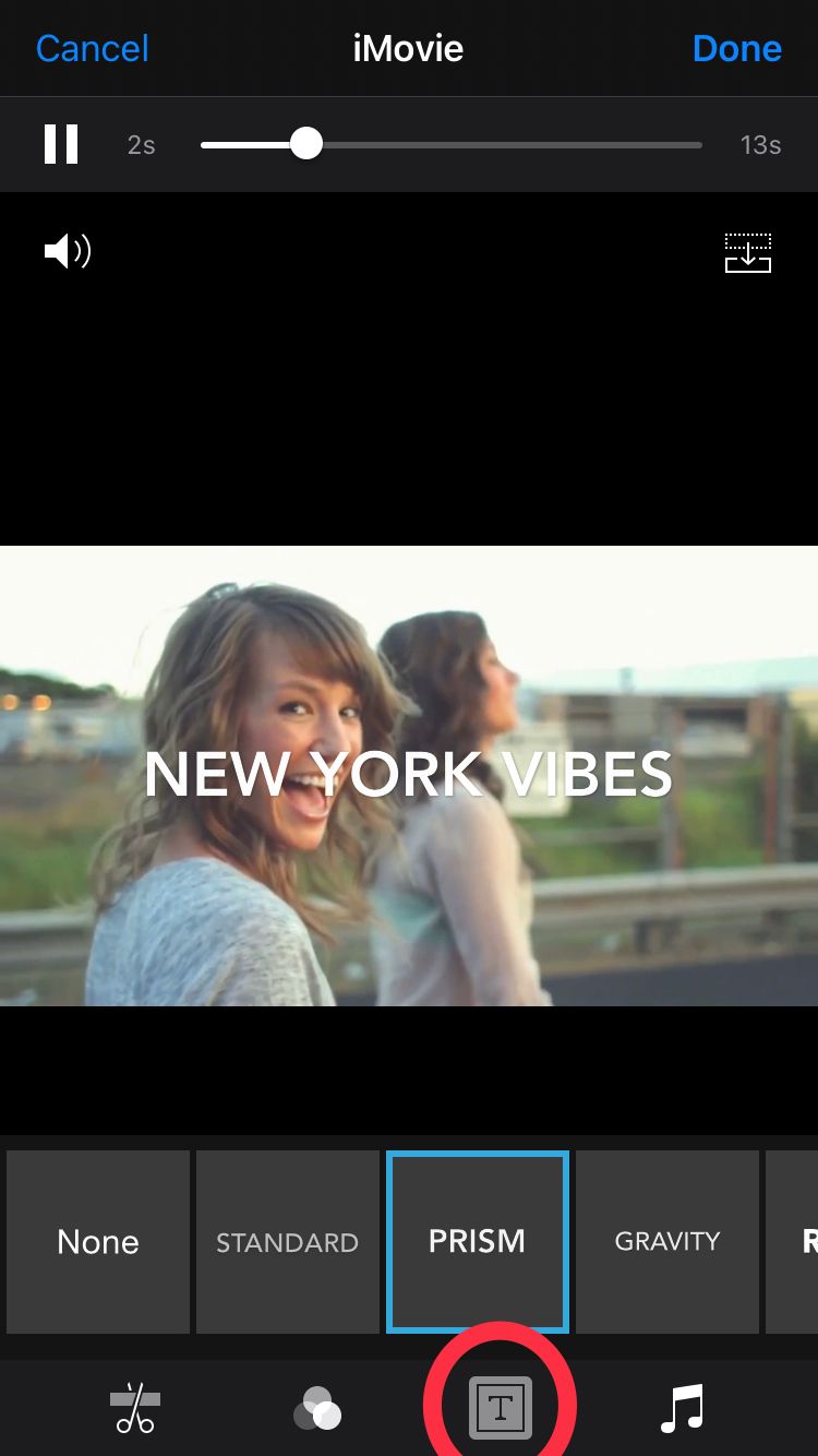 Окно редактирования текста в iMovie