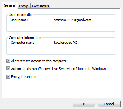 Окно настроек Windows Sync с опцией удалённого доступа