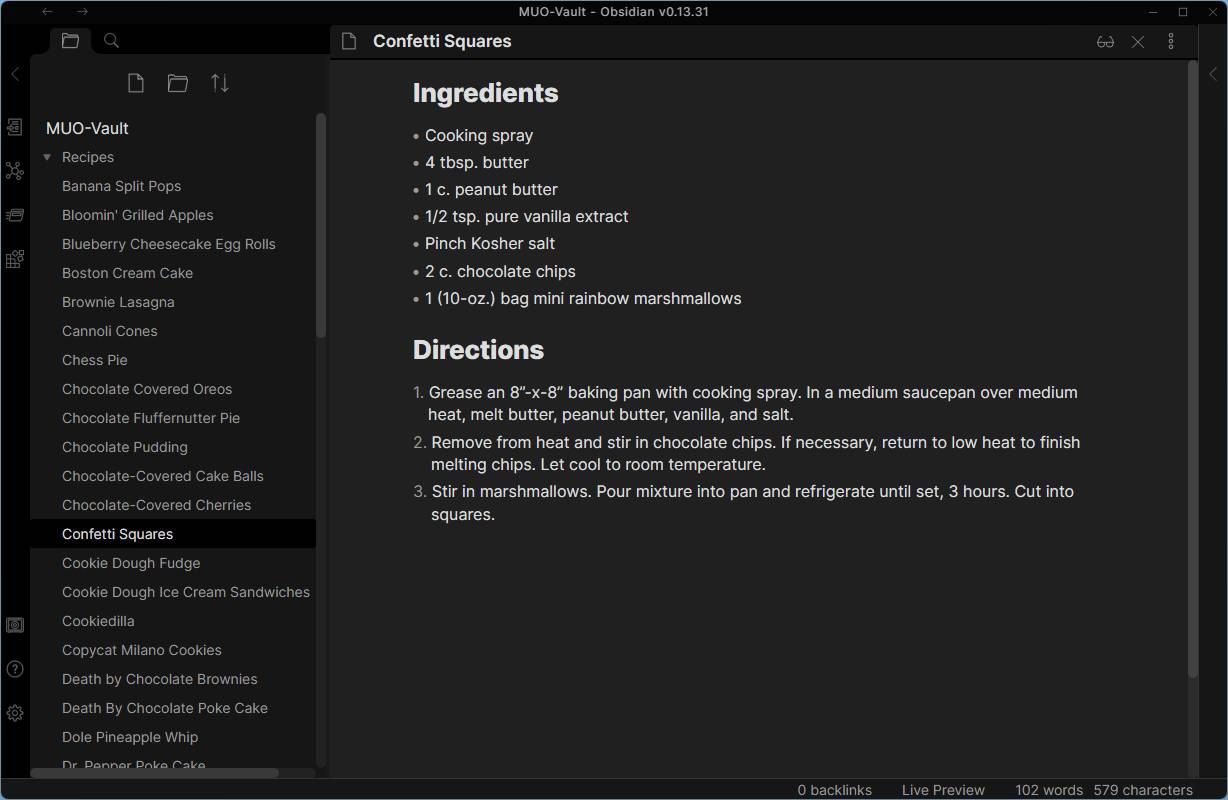 Пример заметки «рецепт» с frontmatter и полями ингредиентов