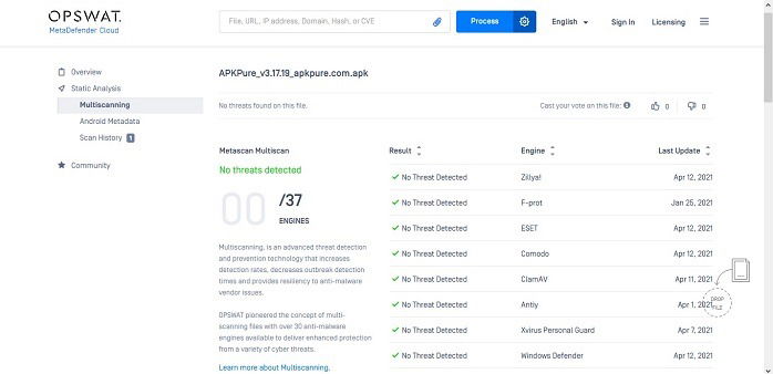Interface do Metadefender mostrando relatório de análise