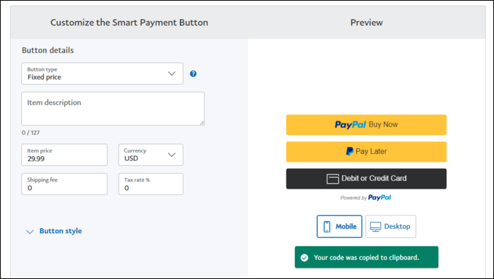Пример панели PayPal Developer с настройками приложения