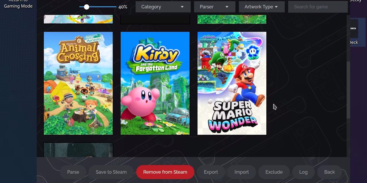 Скриншот Steam ROM Manager с играми Switch