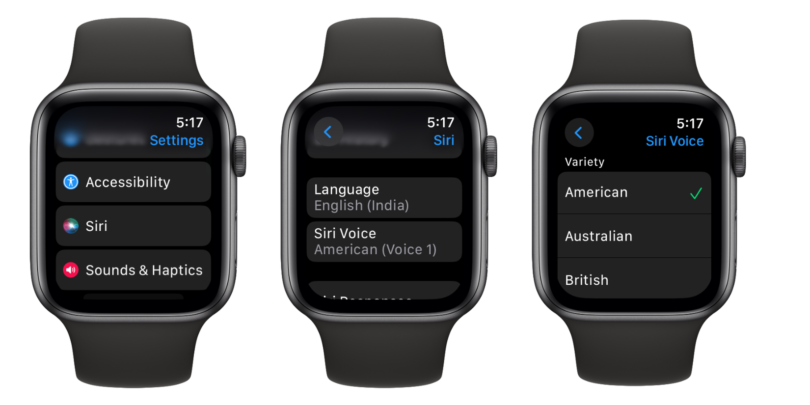 Экран настроек голоса и языка Siri на Apple Watch