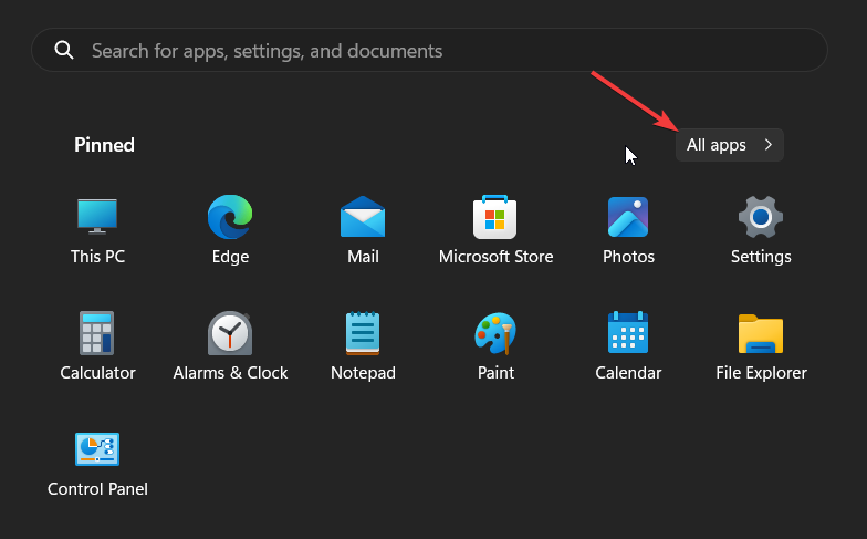 Меню «Все приложения» в Windows 11