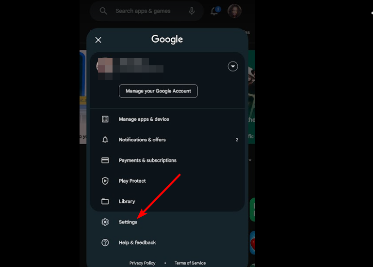Меню настроек профиля в Google Play