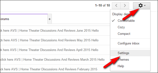 Меню настроек Gmail с иконкой шестерёнки