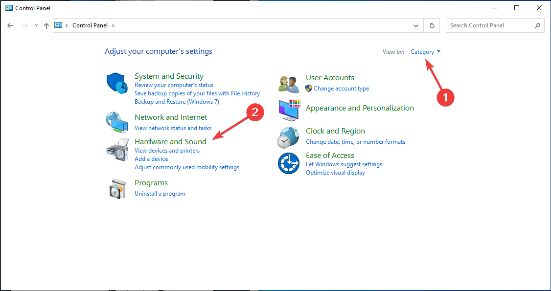 Оборудование и звук в Панели управления