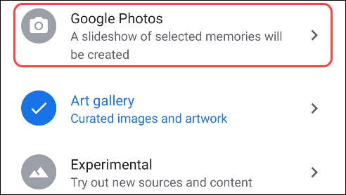 Выбор Google Photos для режима показа
