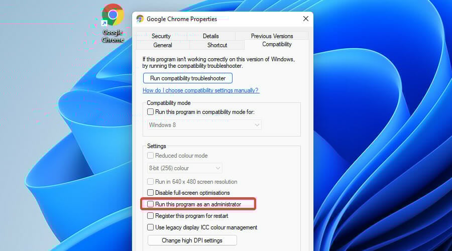 Опция запуска от имени администратора в свойствах