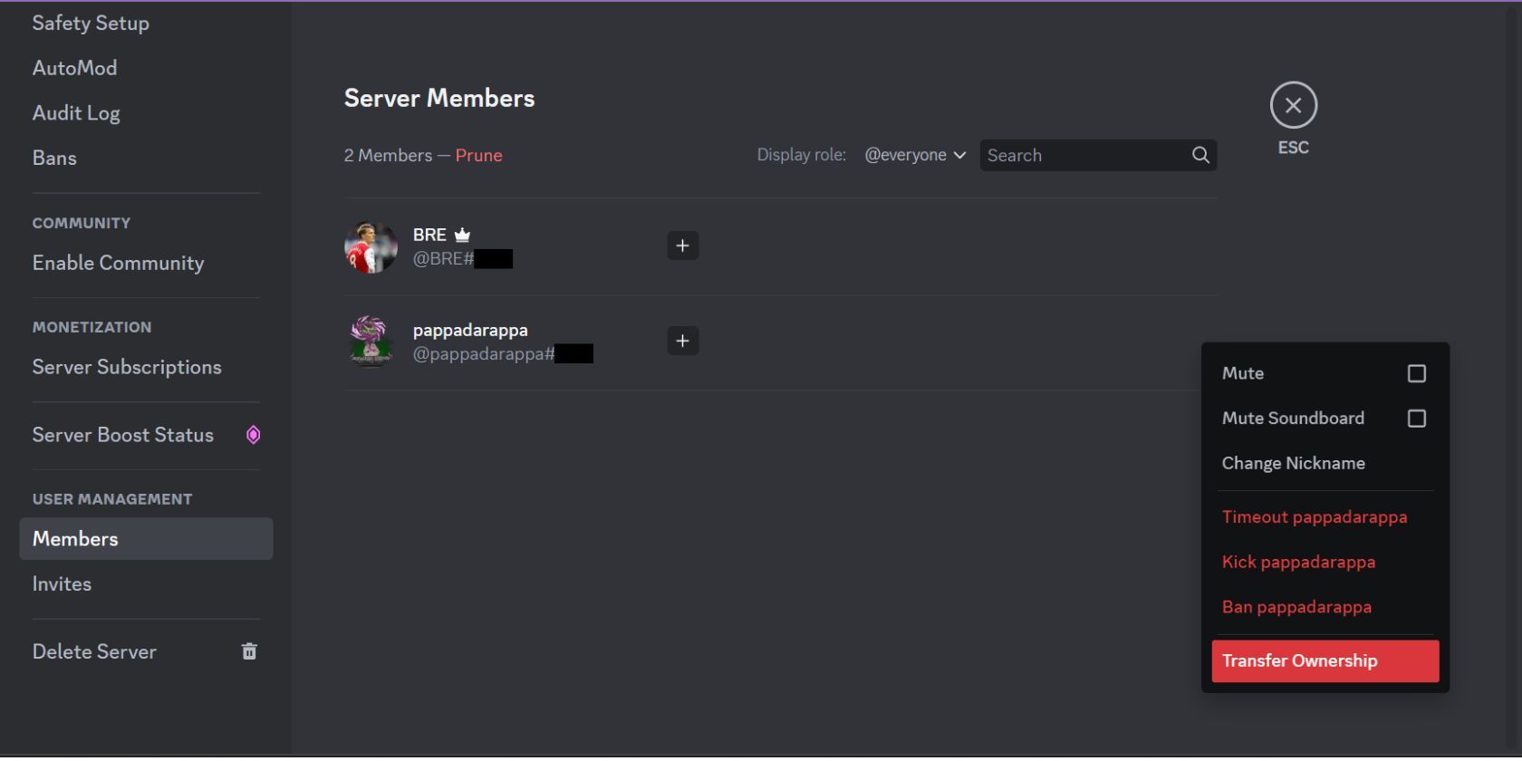 Меню участников сервера в Discord с выделенной передачей прав