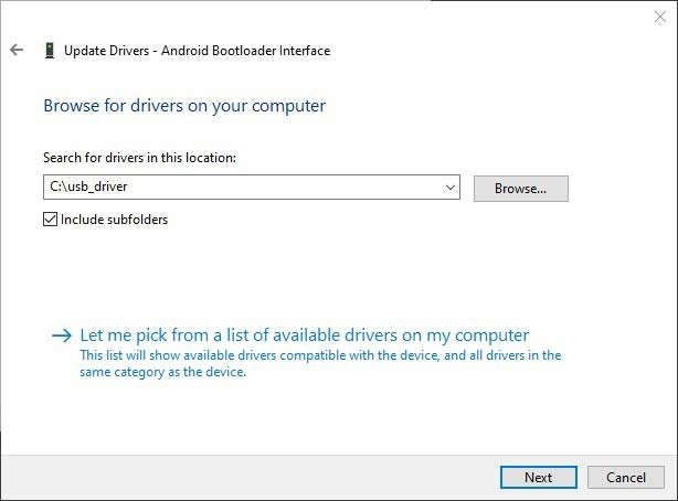 Выбор папки с драйвером