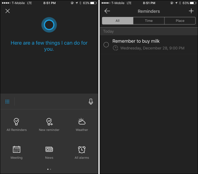 Все напоминания в мобильном приложении Cortana