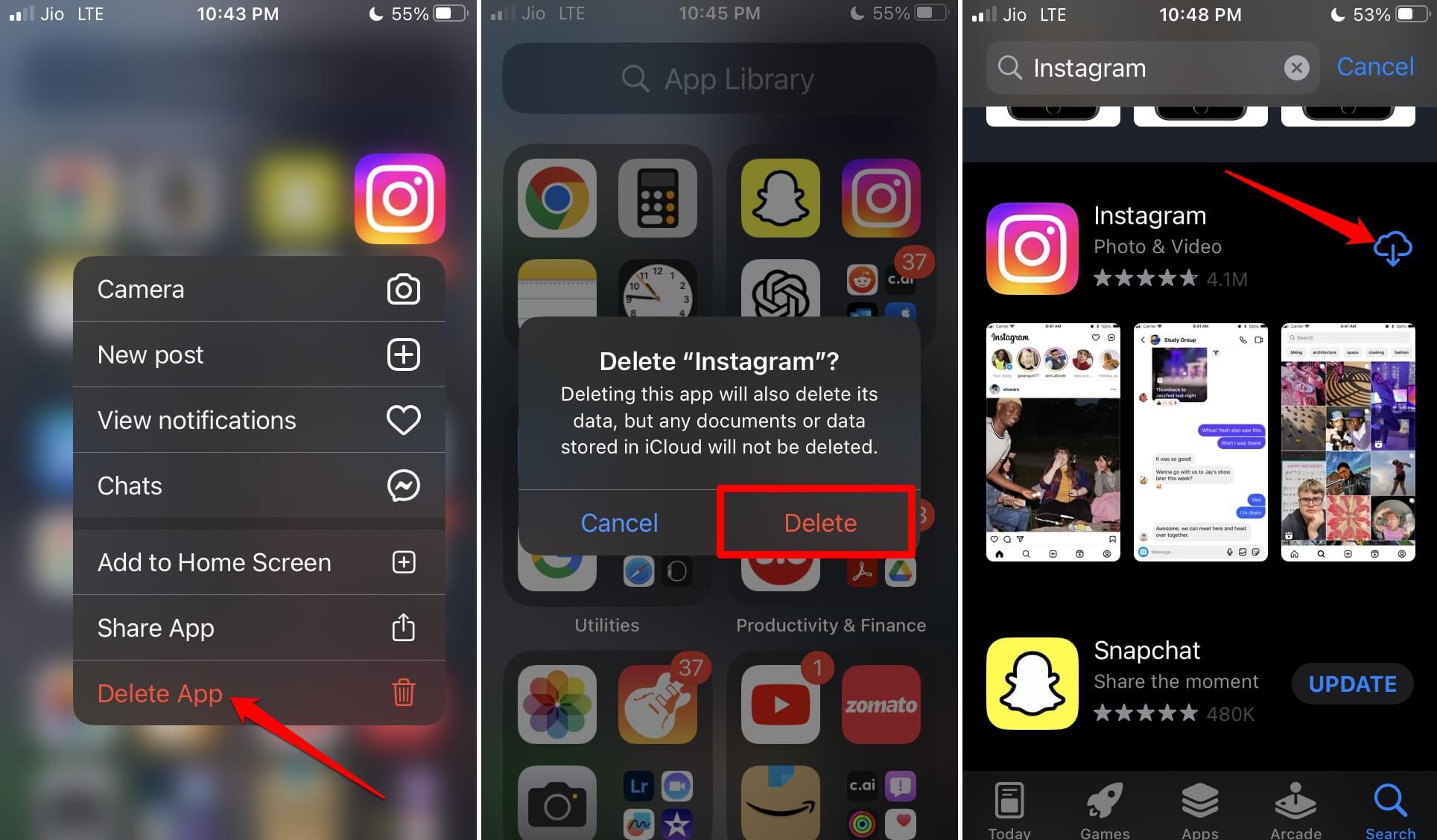 iPhoneでInstagramを削除して再インストールする画面