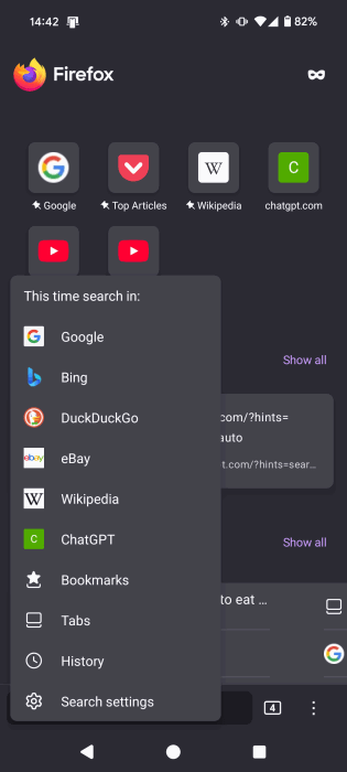 Быстрая смена поисковой системы в Firefox для Android.