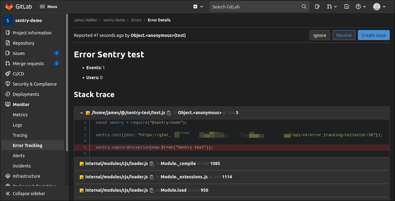 Скриншот детального отчёта об ошибке в GitLab