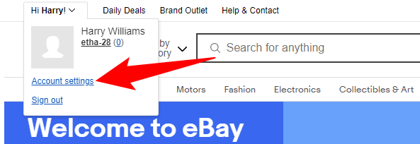 Нажмите «Настройки учётной записи» в верхнем левом углу eBay.