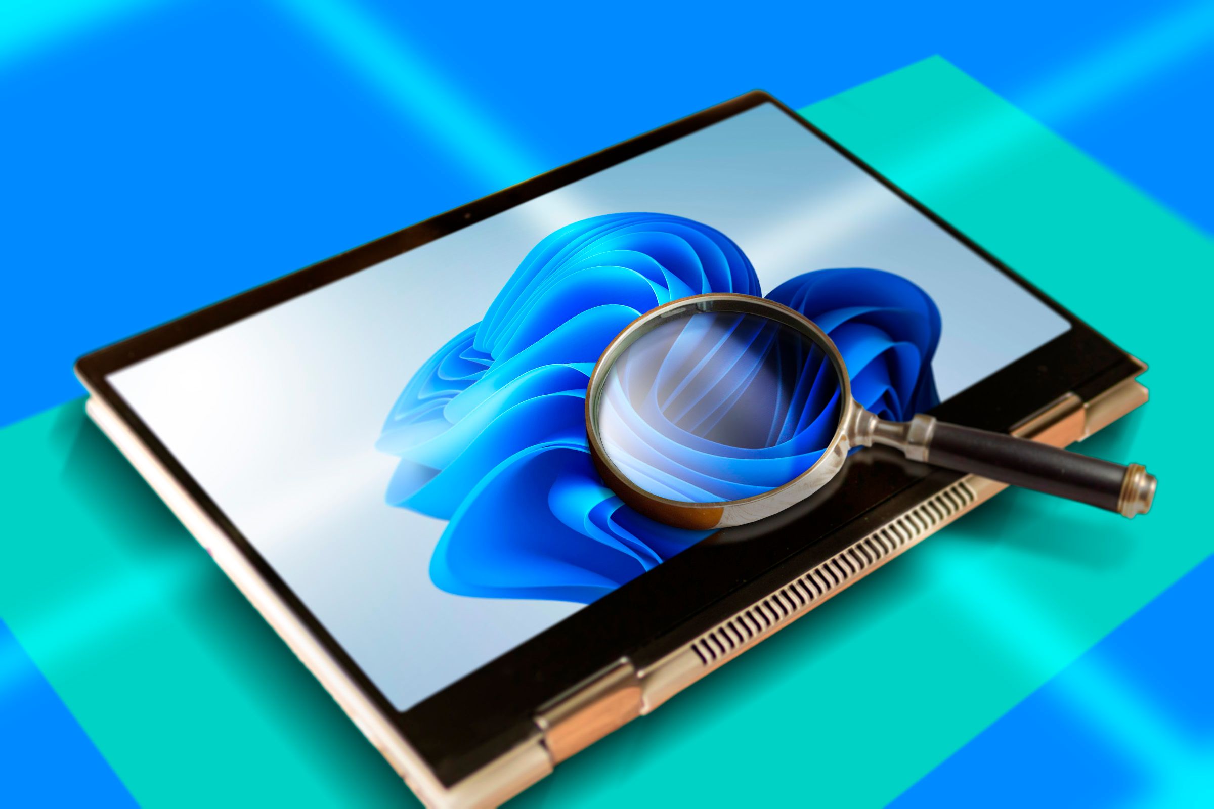 Экран с Windows 11 и увеличительным стеклом над ним, символизирующий мониторинг.